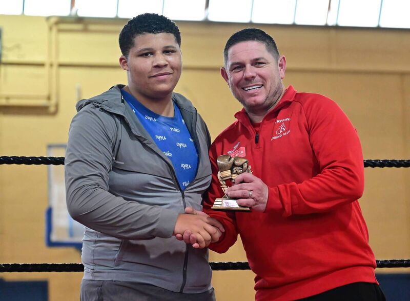 Mayfield BC Tournament - Anthony McCarthy of the host club receiving the Boxer Of The Tournament award from Head Coach Brian Cronin following the Mayfield BC tournament at the Mayfield Sports Complex over the weekend. Picture: Doug Minihane Mayfield BC Tournament - Anthony McCarthy of the host club receiving the Boxer Of The Tournament award from Head Coach Brian Cronin following the Mayfield BC tournament at the Mayfield Sports Complex over the weekend. Picture: Doug Minihane
