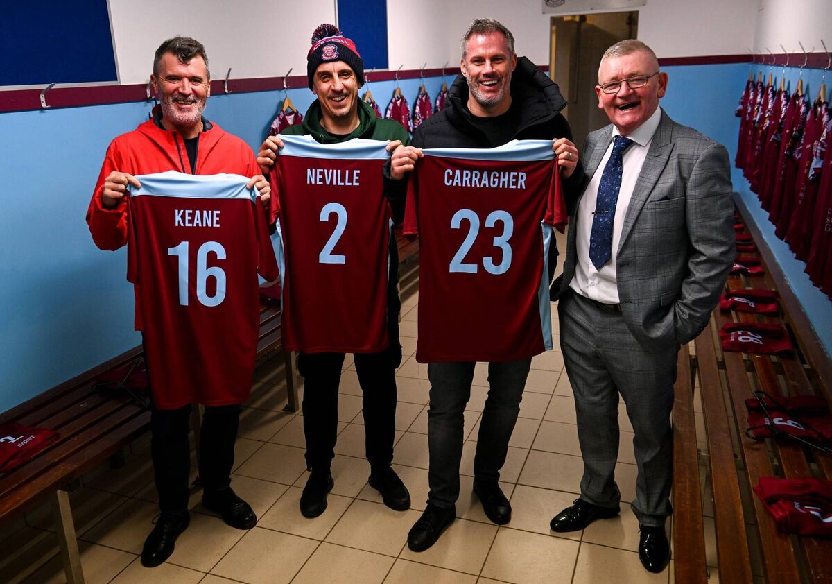 Roy Keane gives Gary Neville and Jamie Carragher a tour of his home club Cobh Ramblers before they take to the stage in Dublin in front of a huge crowd of Irish football fans. 