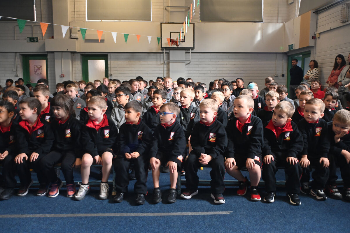 Junior infant pupils listen during the visit of Mayor Cllr Dan Boyle at Togher Boys' School. Pic Larry Cummins  Junior infant pupils listen during the visit of Mayor Cllr Dan Boyle at Togher Boys' School. Pic Larry Cummins