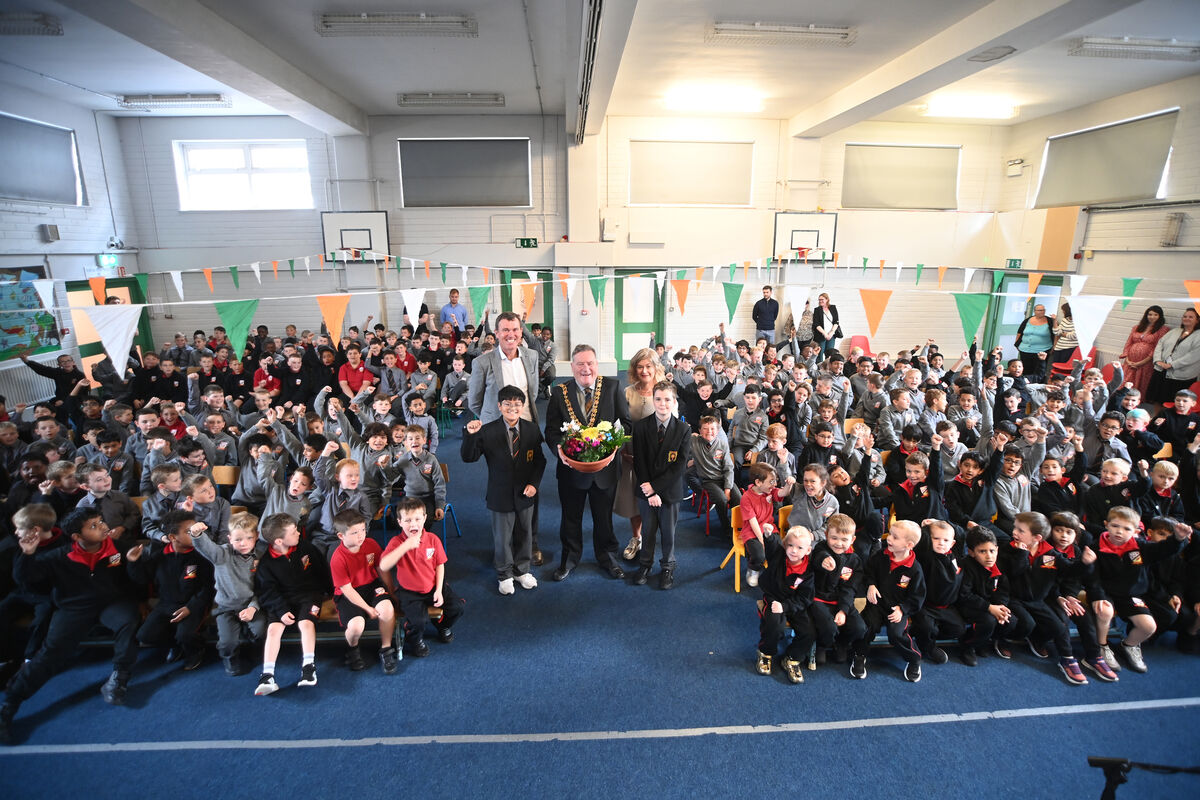 Pupils Tristan Bonus and Peter Blackwell with Principal Kieran Kelly and Deputy Principal Sinead Moynihan of Togher Boys' School, with Lord Mayor Cllr Dan Boyle and pupils and staff of the school. Picture: Larry Cummins  Pupils Tristan Bonus and Peter Blackwell with Principal Kieran Kelly and Deputy Principal Sinead Moynihan of Togher Boys' School, with Lord Mayor Cllr Dan Boyle and pupils and staff of the school. Picture: Larry Cummins