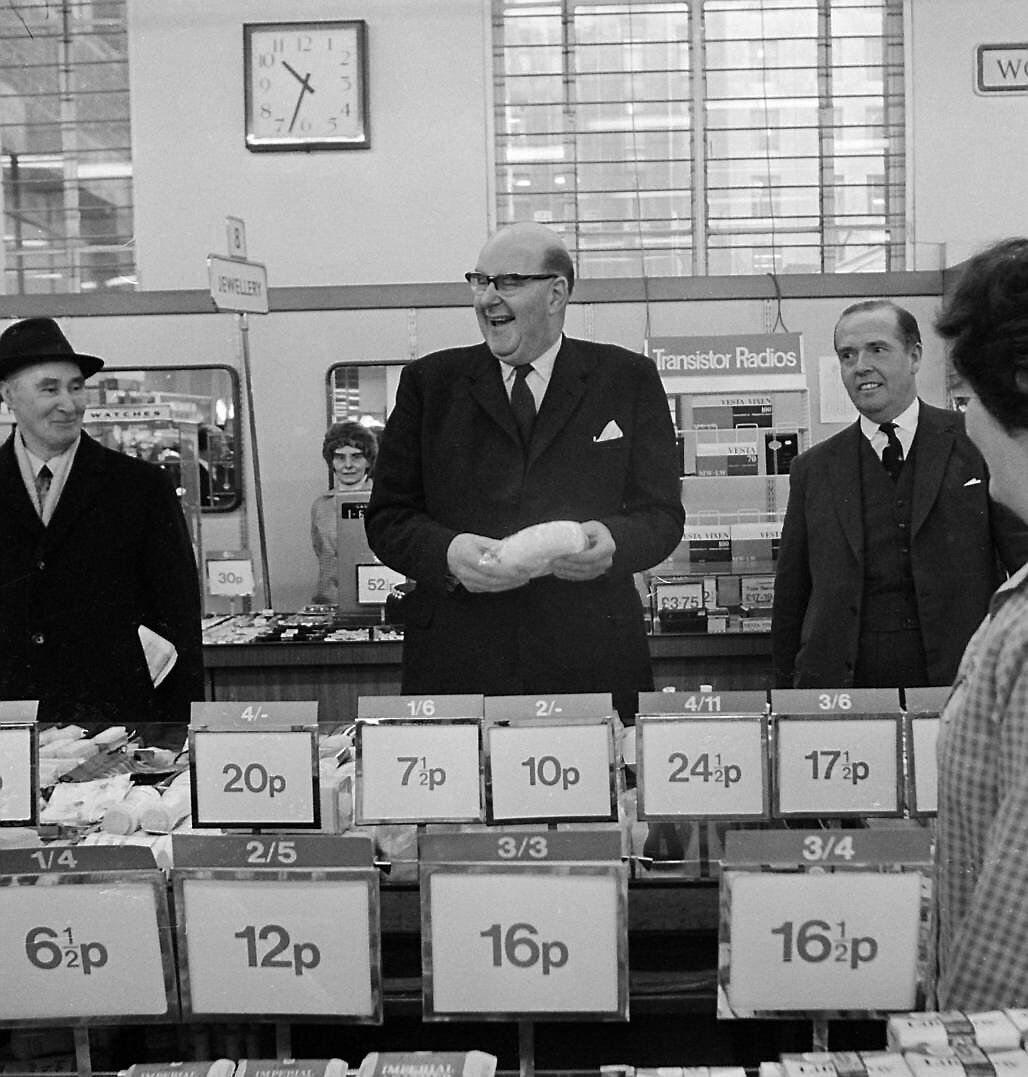 Lord Fiske, Chairman of the Decimal Currency Board in the UK, shopping at Woolworths in London on the first day of national decimalisation on February 15, 1971. Ireland went decimal on the same day. Picture: Dennis Oulds/Central Press/Getty Images Lord Fiske, Chairman of the Decimal Currency Board in the UK, shopping at Woolworths in London on the first day of national decimalisation on February 15, 1971. Ireland went decimal on the same day. Picture: Dennis Oulds/Central Press/Getty Images