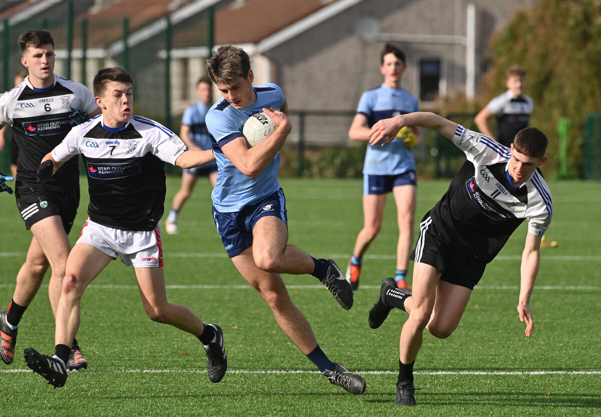  Cillian Twohig, Clonakilty Community College breaking between Seamus O'Donoghue and Liam O'Sullivan, Pobalscoil Inbhear Scéine, Kenmare during their TUS Corn Uí Mhuirí U19 group 2 match at Bishopstown, Cork. Picture Dan Linehan