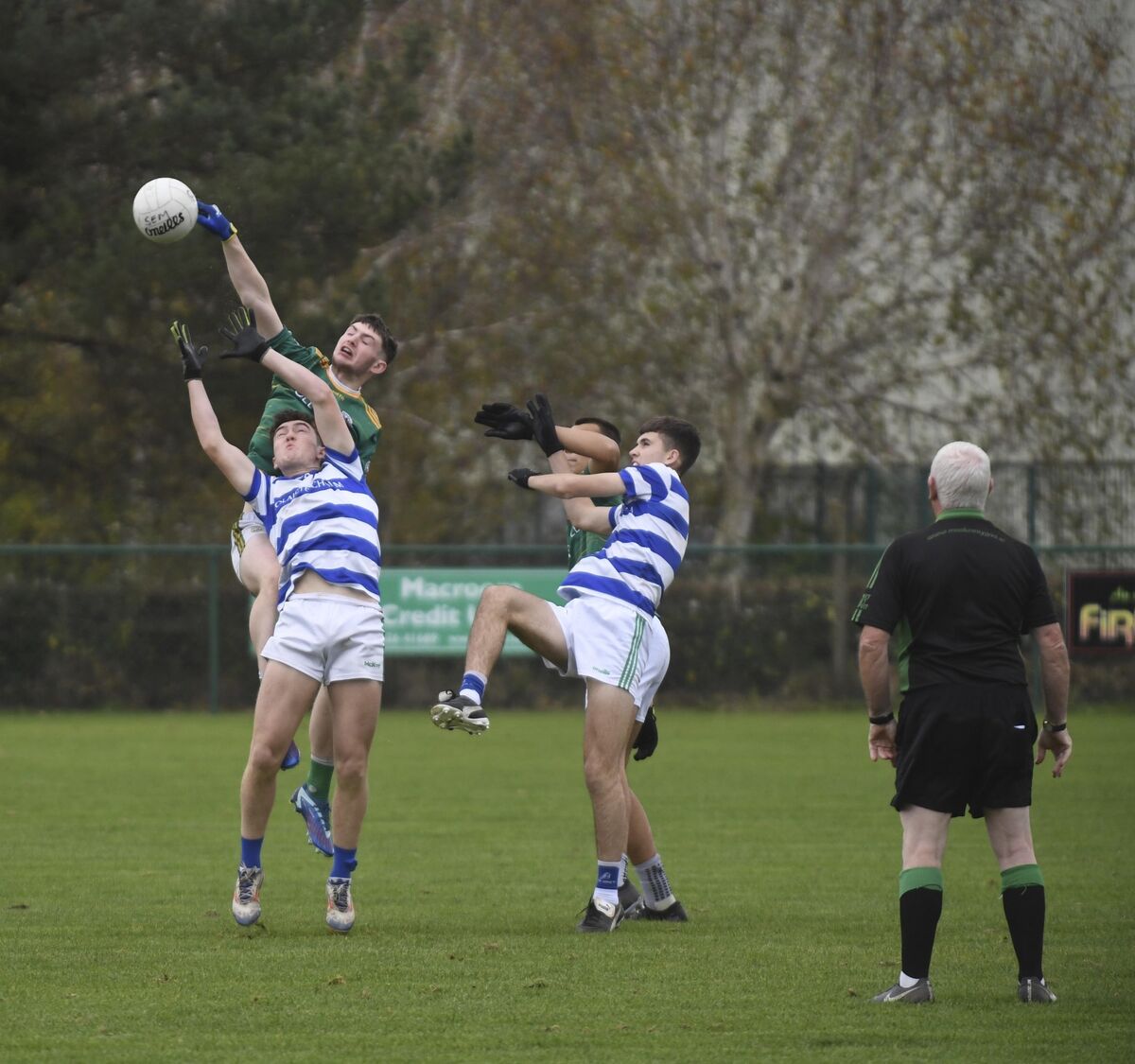 Coláiste Choilm's Danny Miskella and Kevin O'Leary contest this dropping ball against St Brendan's at Ballyvourney. Picture: Don MacMonagle