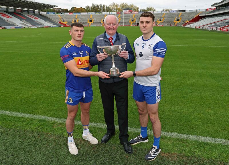 Pat Horgan, Cork chairman, with Jack McCarthy, Carrigaline and Daniel O'Mahony, Knocknagree ahead of the McCarthy Insurance Group SAFC final at SuperValu Páirc Uí Chaoimh. Picture: Jim Coughlan.