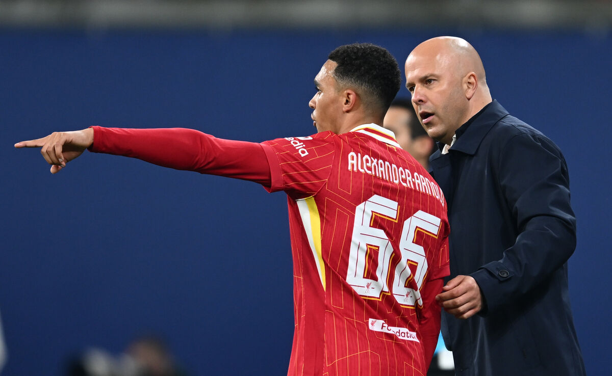 Liverpool's Trent Alexander-Arnold (left) and manager Arne Slot during the UEFA Champions League match at the RB Arena in Leipzig, Germany. Picture: PA Wire via DPA Liverpool's Trent Alexander-Arnold (left) and manager Arne Slot during the UEFA Champions League match at the RB Arena in Leipzig, Germany. Picture: PA Wire via DPA