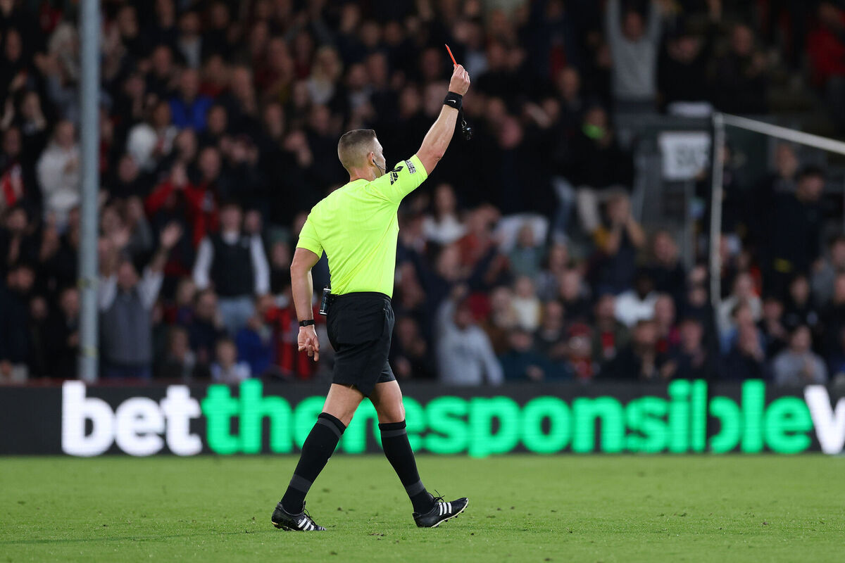 Match referee Robert Jones shows a red card to Arsenal's William Saliba (not pictured) during the Premier League match at the Vitality Stadium, Bournemouth. Picture : Steven Paston/PA Wire Match referee Robert Jones shows a red card to Arsenal's William Saliba (not pictured) during the Premier League match at the Vitality Stadium, Bournemouth. Picture : Steven Paston/PA Wire