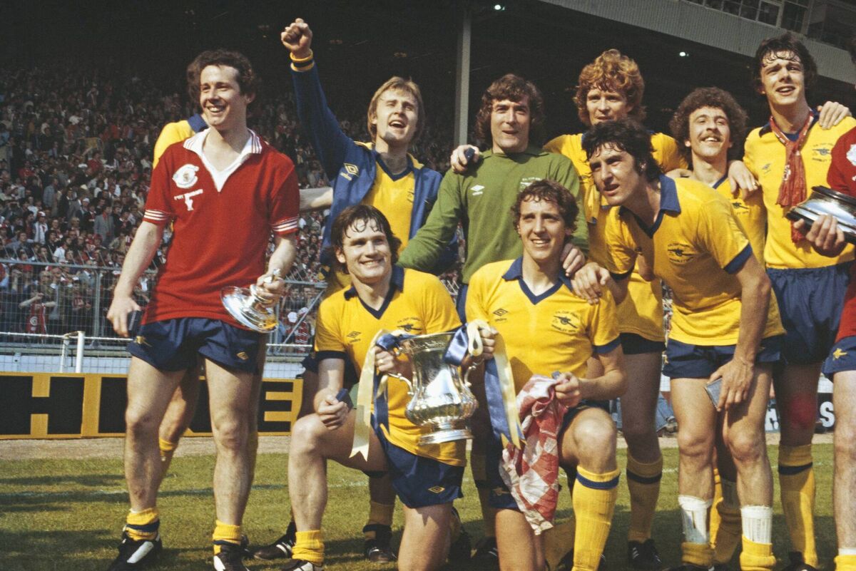Arsenal's Liam Brady wearing a Manchester United shirt after their 3-2 victory in the 1979 FA Cup Final at Wembley Stadium. Picture: Allsport/Getty Images