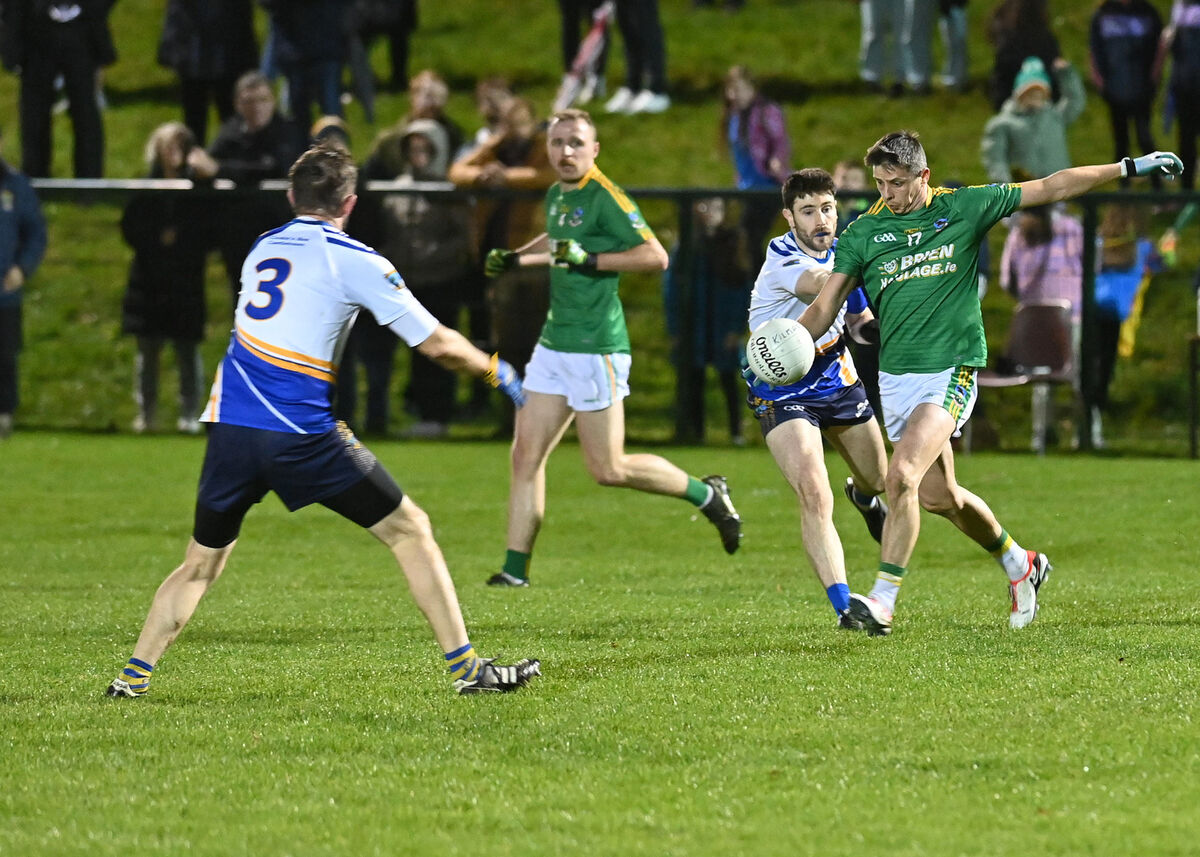 Bandon Co-op Carbery Junior A Football final at Sam Maguire Park Dunmanway. Kilmacabea’s Colin McCarthy gets in his shot before Barry Lordan (Diarmuid O’Mathunas) approaches durimg in the Bandon Co-op Carbery Junior A Football final at Sam Maguire Park Dunmanway. Picture: Martin Walsh. Bandon Co-op Carbery Junior A Football final at Sam Maguire Park Dunmanway. Kilmacabea’s Colin McCarthy gets in his shot before Barry Lordan (Diarmuid O’Mathunas) approaches durimg in the Bandon Co-op Carbery Junior A Football final at Sam Maguire Park Dunmanway. Picture: Martin Walsh.