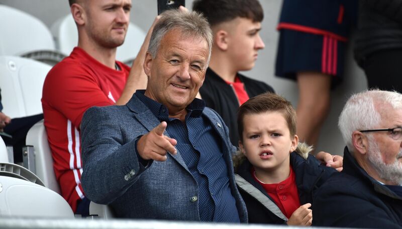 Referee Pat Kelly and his grandson Ben at the Liam Miller tribute match at Páirc Uí Chaoimh, Cork. Picture Dan Linehan