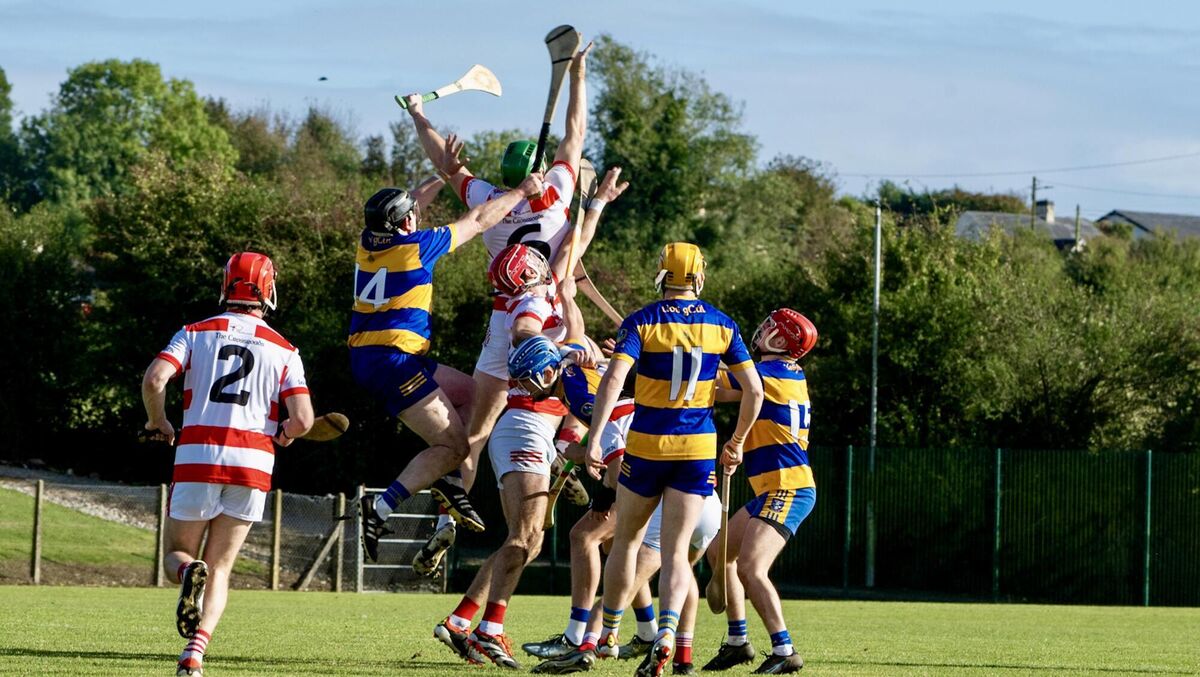 A tussle for aerial possession during Lisgoold's IAHC semi-final win over Ballygiblin at Ballynoe. Picture: Chani Anderson