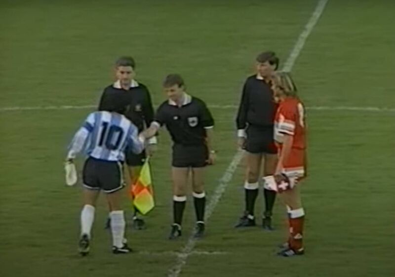 Maradona shaking the hands of Cork referee Pat Kelly.