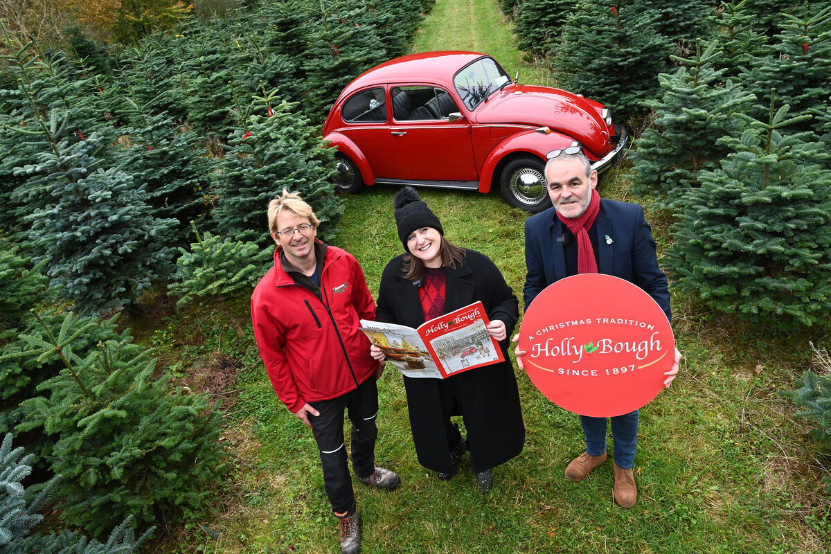 Mary Corcoran, Editor, Holly Bough with artist Peter Buckley who is this year's cover artist with his red Volkswagen VW Beetle car which is featured in the artwork, pictured with (left) Trevor Roper of Inniscarra Christmas Tree Farm. Pic Larry Cummins Mary Corcoran, Editor, Holly Bough with artist Peter Buckley who is this year's cover artist with his red Volkswagen VW Beetle car which is featured in the artwork, pictured with (left) Trevor Roper of Inniscarra Christmas Tree Farm. Pic Larry Cummins