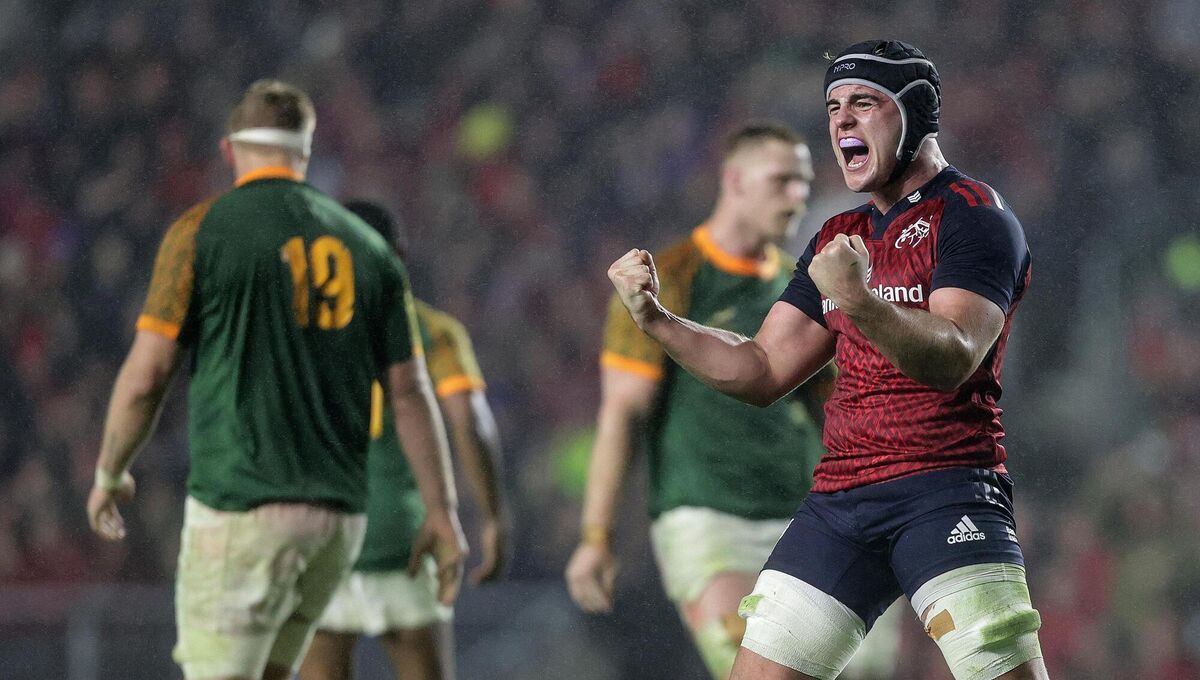 Munster's Alex Kendellen celebrates a decision for his side against South Africa in SuperValu Páirc Uí Chaoimh. Picture: INPHO/Laszlo Geczo