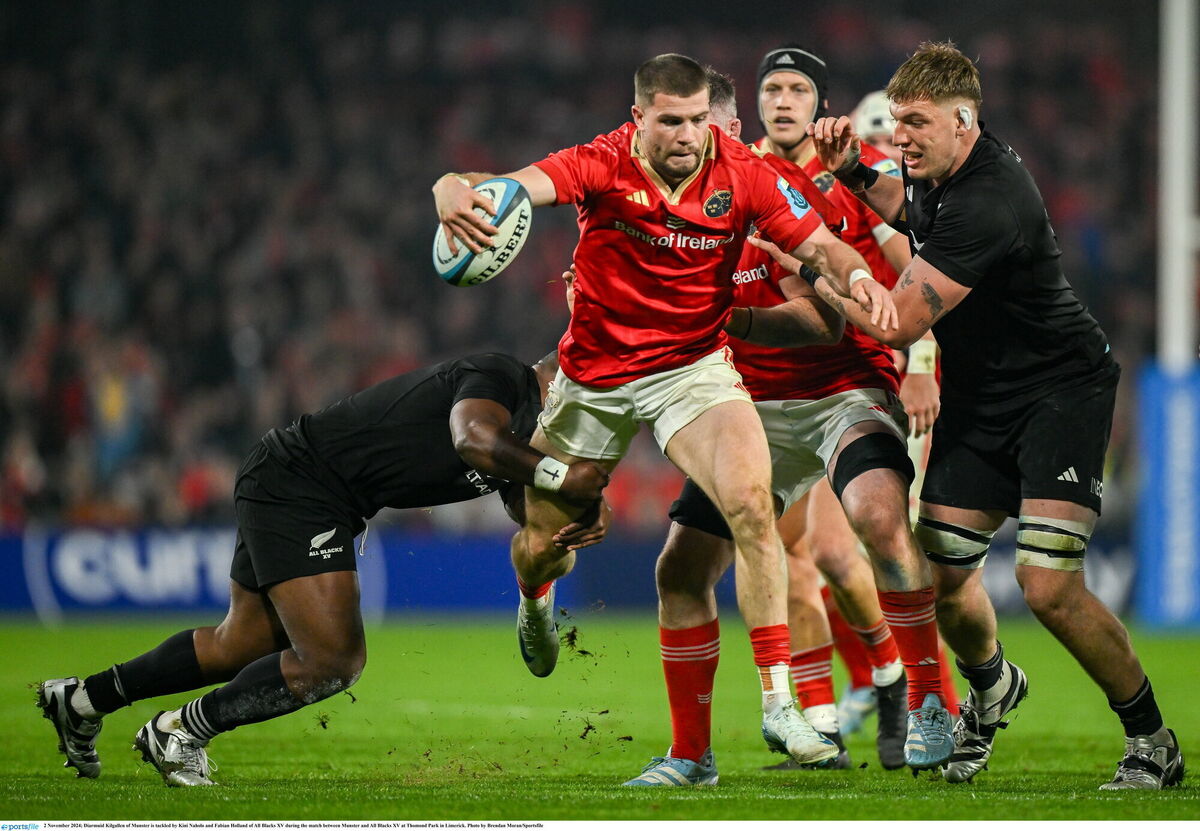 Diarmuid Kilgallen of Munster is tackled by Kini Naholo and Fabian Holland of All Blacks XV. Picture: Brendan Moran/Sportsfile Diarmuid Kilgallen of Munster is tackled by Kini Naholo and Fabian Holland of All Blacks XV. Picture: Brendan Moran/Sportsfile