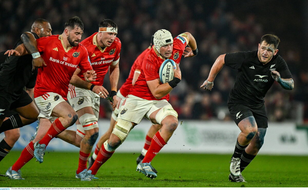 Fineen Wycherley of Munster makes a break against All Blacks XV. Picture: Brendan Moran/Sportsfile Fineen Wycherley of Munster makes a break against All Blacks XV. Picture: Brendan Moran/Sportsfile