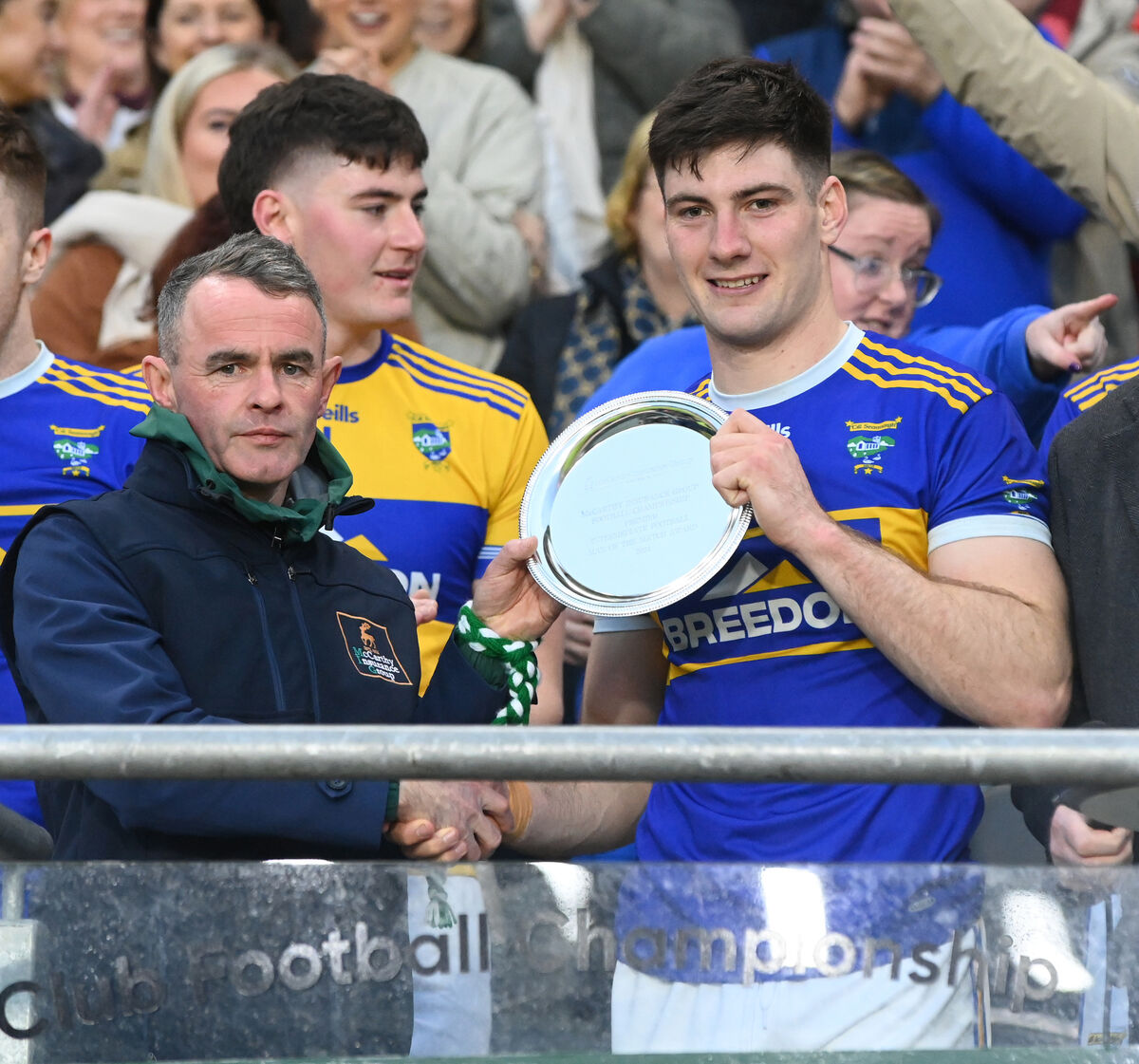 Finbarr Foley, McCarthy Insurance Group, presents the Player of the Match award to Kilshannig captain Colm O'Shea after defeating Aghabullogue. Picture: Eddie O'Hare