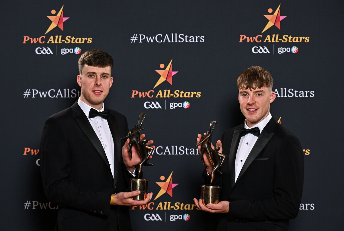 Cork hurlers and brothers Robert and Eoin Downey with their PwC GAA/GPA All-Star Awards at the RDS. Picture: Sam Barnes/Sportsfile