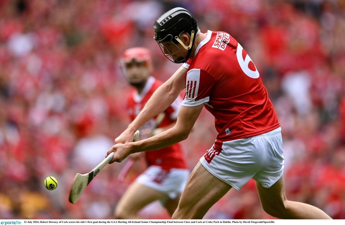 New Cork captain Robert Downey hitting the net in the All-Ireland final. Picture: David Fitzgerald/Sportsfile