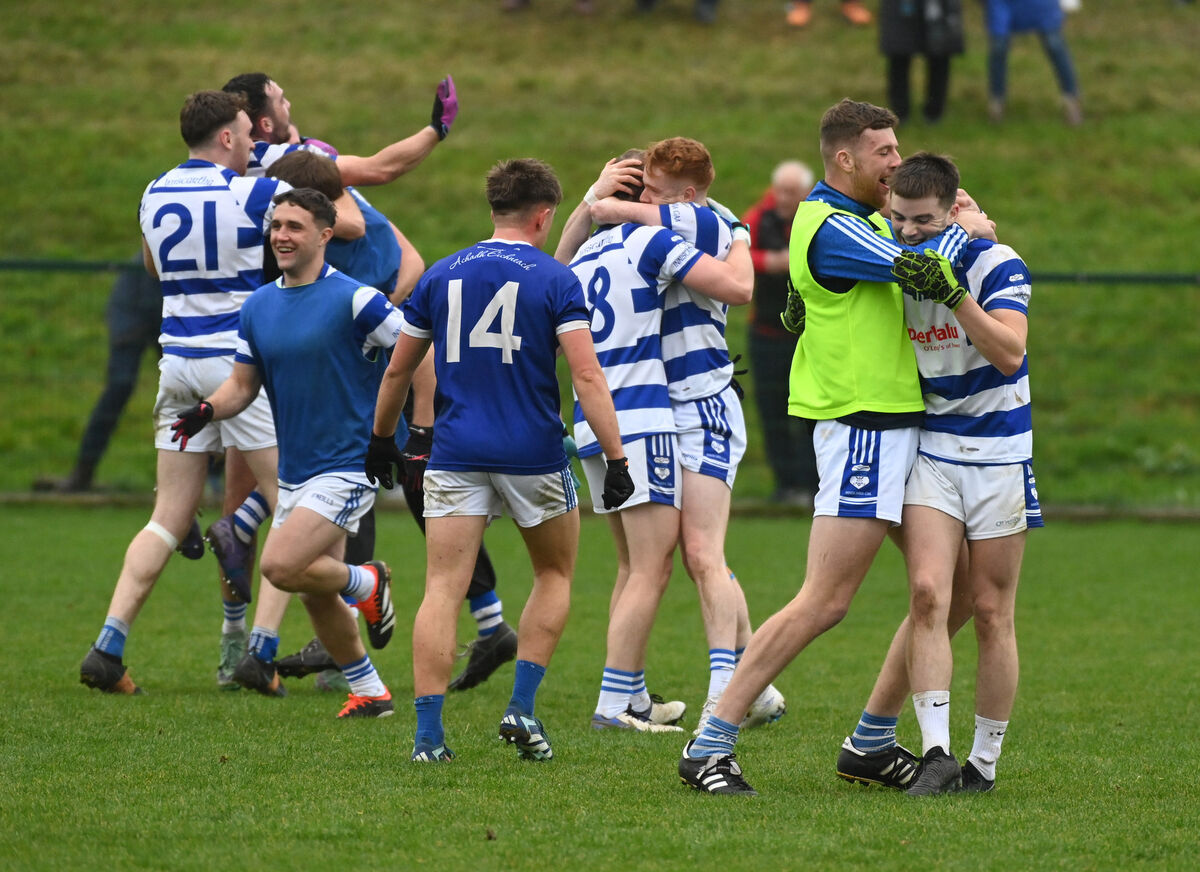 Joy for Inniscarra players at the final whistle after defeating Aghinagh in the Ross Oil Muskerry JAFC final replay at Grenagh. Picture: Eddie O'Hare