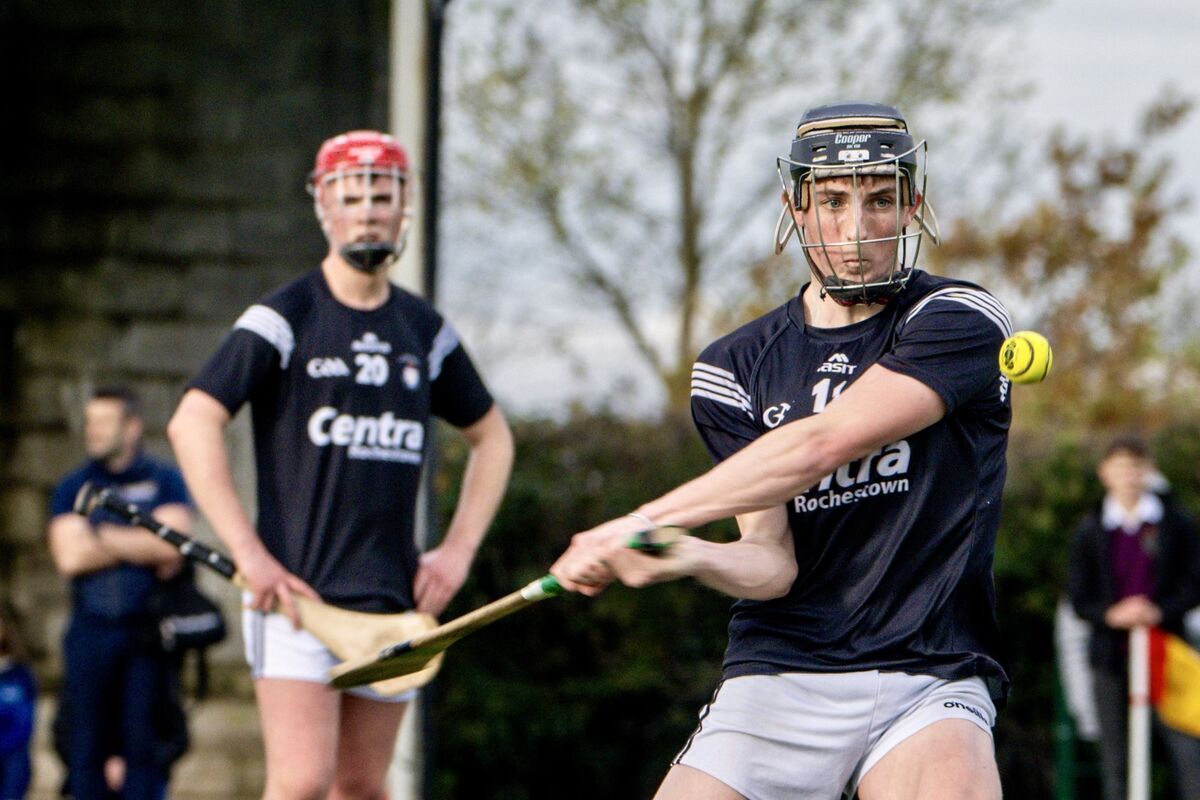 Rochestown’s Mark O’Brien drives the sliotar over the bar in the Dr Harty Cup clash against Nenagh. Picture: Chani Anderson