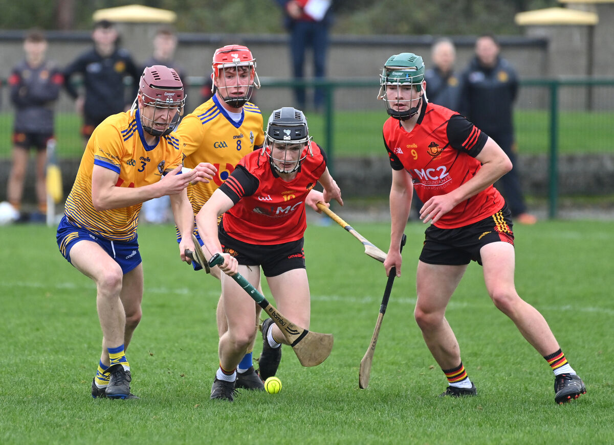 Liam Clune and Niall Doyle of Rice College looking to win the ball from CBC's Ben Mayer and Michael Quill. Picture: Dan Linehan