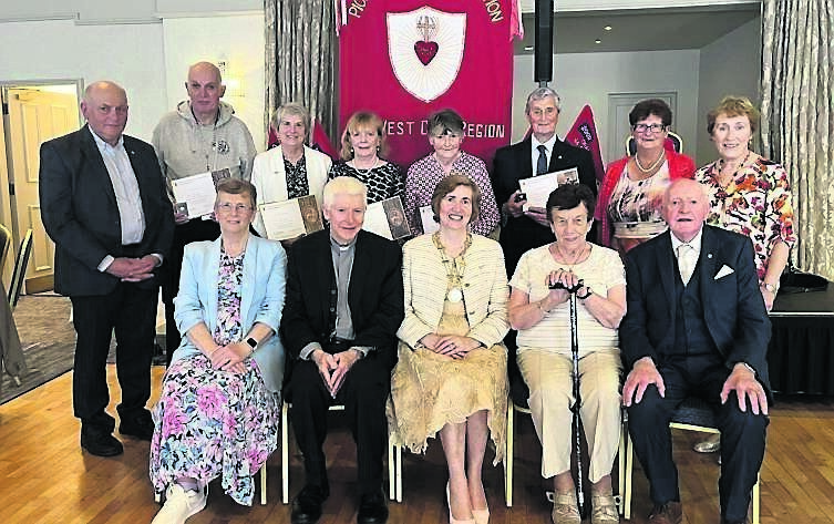 At the Annual Mid-West Cork Region PTAA lunch and social were back row from left: Dan O’Mahony; gold pin recipients Noel Buckley, Theresa McCarthy, and Margaret O’Sullivan; diamond pins recipients Phil O’Keeffe and Micheal O’Donovan; Elma Crowley and Joan O’Driscoll Courceys &amp; Mid West PTAA; front row from left: Aislinn Cogan hon treasurer Mid West; Rev Monsignor Aidan O’Driscoll; Frances Egan, national president; Sheila Murphy, hon sec Mid-West Region, and Barry Cogan, PRO Mid West Region PTAA .