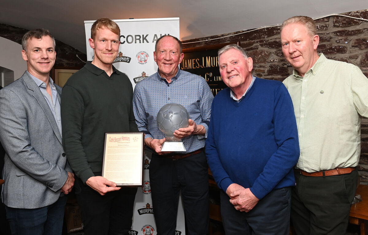  SOCCER LEGEND Award winner Declan O'Mahony with (from left) Dave Keohane, John O'Mahony (son), Donal O'Mahony (brother) and friend Ger Sweeney at the Cork Athletic Union Football League Soccer Honours at The Kiln, Heineken Ireland. Pic: Larry Cummins