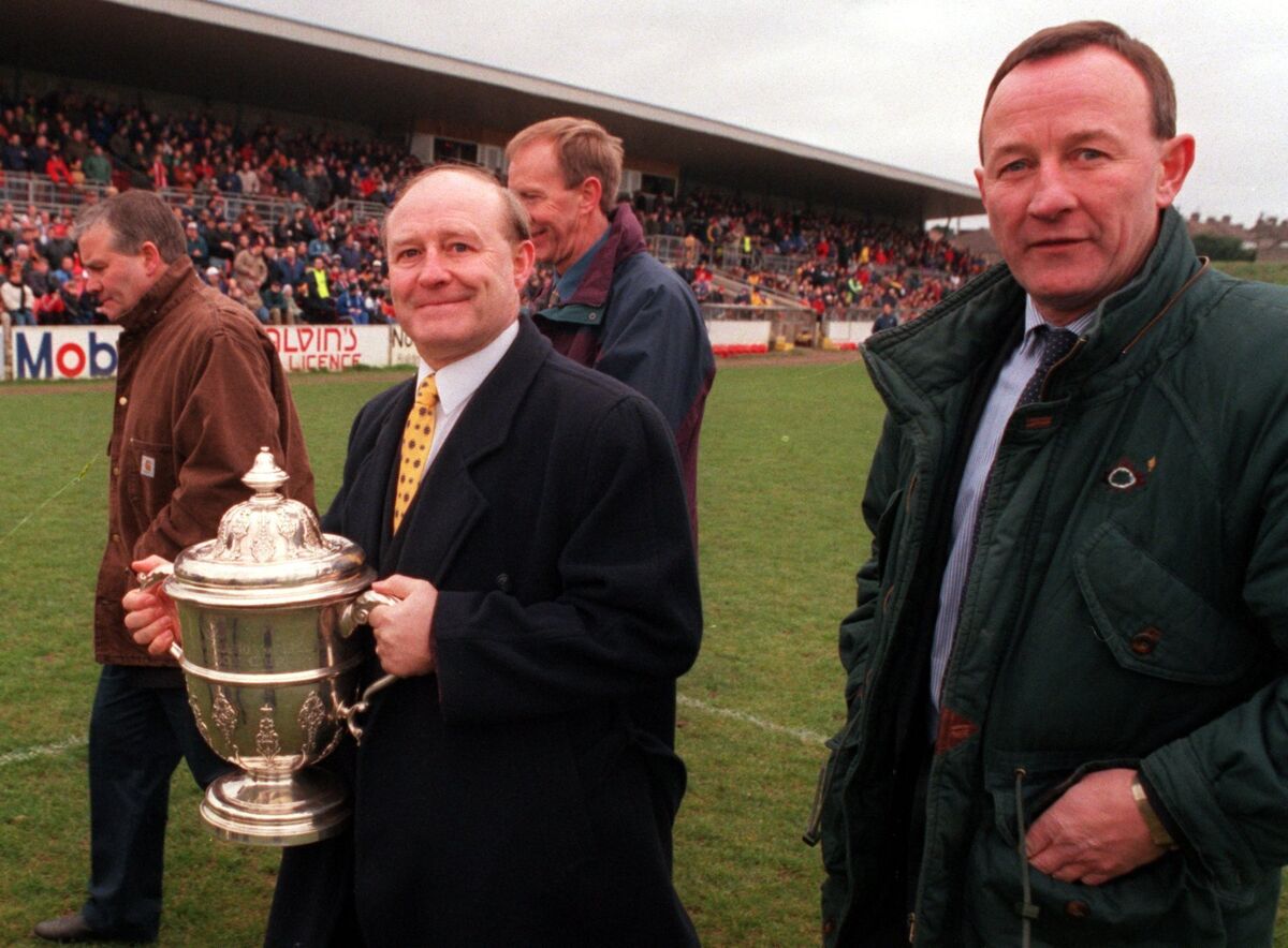 The Cork Hibs FAI cup winning team from 1973 who were presented to the crowd at Turner's Cross, pictured with the FAI cup, are from left, Gerry Coyne, Sonny Sweeney , Declan O'Mahony, and John Brohan.