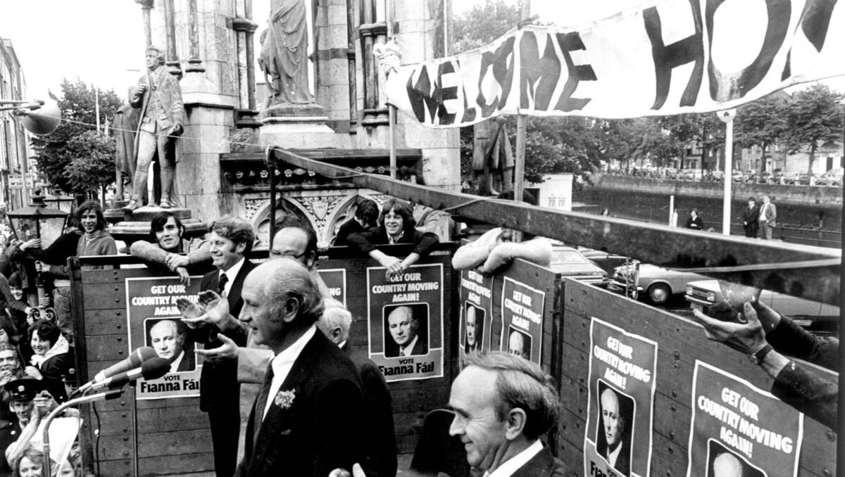 Jack Lynch speaking at a victory rally in Cork city on June 26, 1977, after the general election in which Fianna Fáil won 84 seats in the Dáil giving it an unprecedented nine-seat majority.