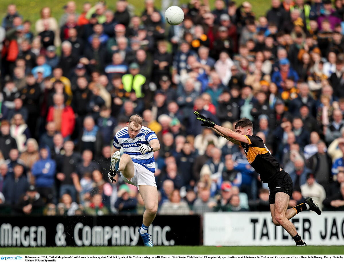 Castlehaven's Cathal Maguire kicks a point against Dr Crokes at Lewis Road in Killarney. Picture: Michael P Ryan/Sportsfile Castlehaven's Cathal Maguire kicks a point against Dr Crokes at Lewis Road in Killarney. Picture: Michael P Ryan/Sportsfile