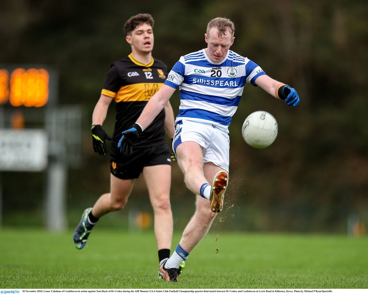 Castlehaven's Conor Cahalane moves away from Tom Doyle of Dr Crokes at Lewis Road in Killarney. Picture: Michael P Ryan/Sportsfile Castlehaven's Conor Cahalane moves away from Tom Doyle of Dr Crokes at Lewis Road in Killarney. Picture: Michael P Ryan/Sportsfile