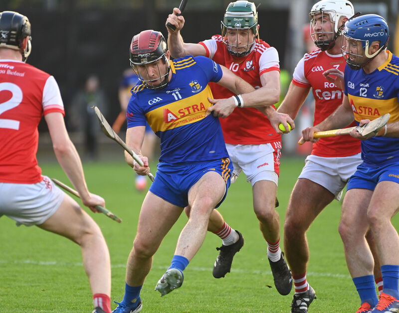 Carrigaline's Éanna Desmond is tackled by Watergrasshill's Shane O'Regan during the Co-op SuperStores Cork Premier IHC final at SuperValu Páirc Uí Chaoimh. Picture: Eddie O'Hare