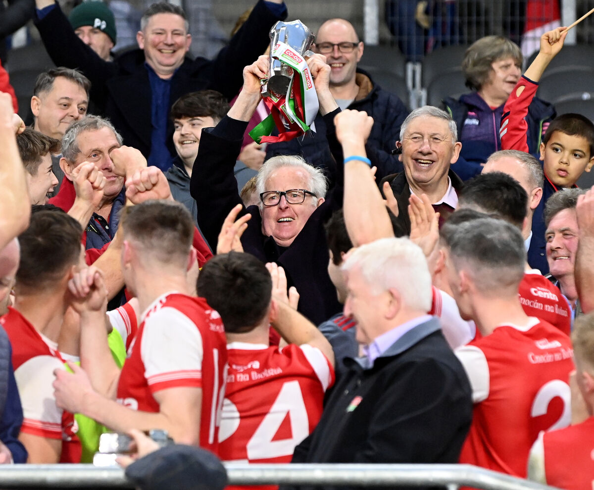  Watergrasshill's John O'Neill (The Hut Bar) raises the Jim Long Cup. Picture: Eddie O'Hare
