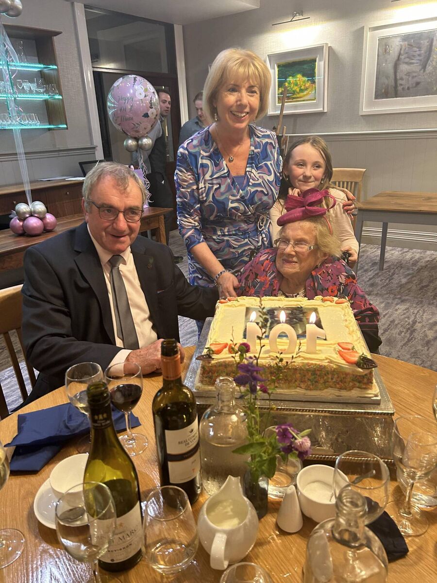 Pearl Gleeson, who celebrated her 101st birthday recently, pictured with, son-in-law Aidan Madden, daughter Evelyn, and her great great grandaughter, Kiya O’Sullivan.