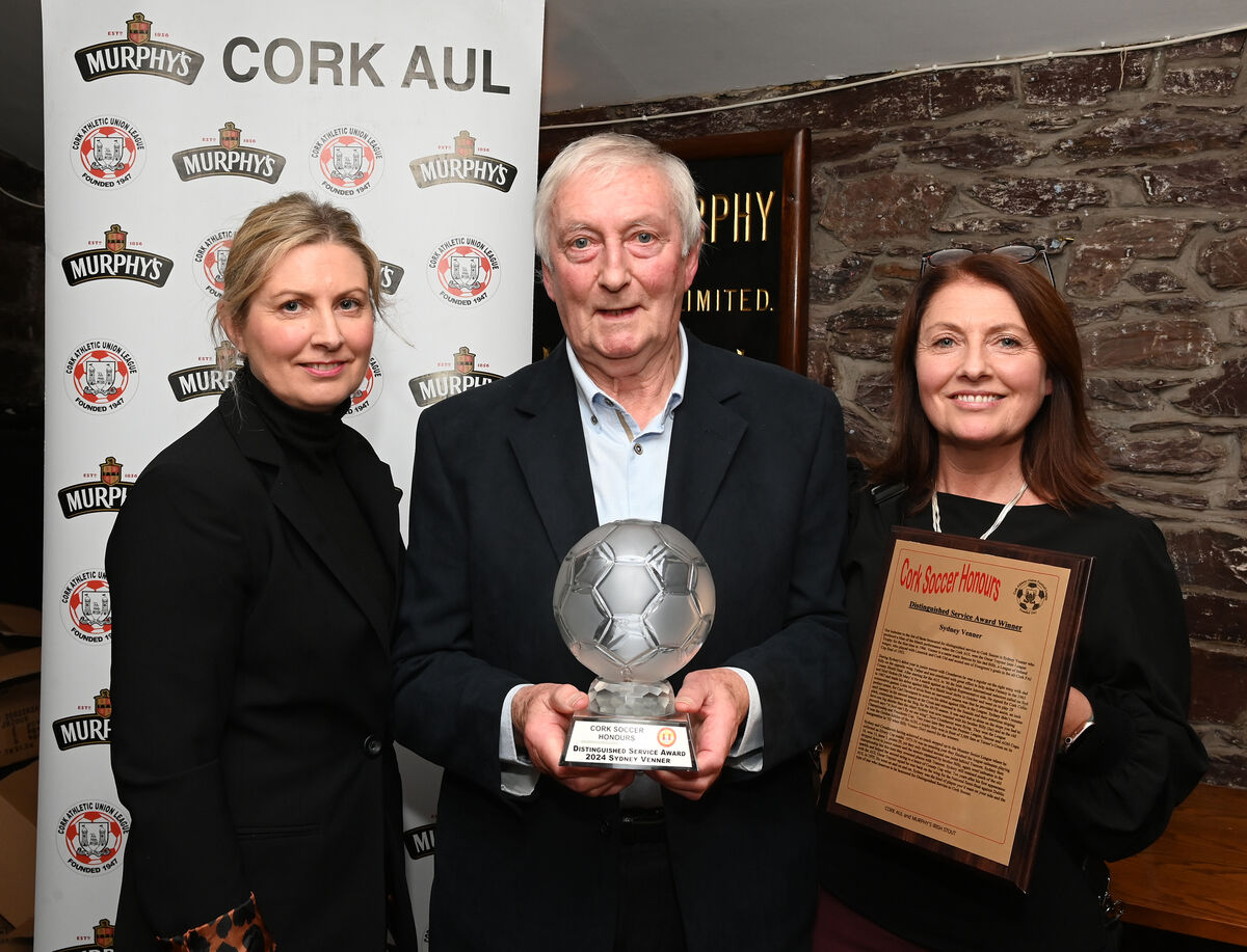 Distinguished Service Award winner Sydney Venner (middle) with daughters Susanne Venner Murphy and Lynda Venner Hally at the Cork Athletic Union Football League Soccer Honours at The Kiln, Heineken Ireland. Pic: Larry Cummins Distinguished Service Award winner Sydney Venner (middle) with daughters Susanne Venner Murphy and Lynda Venner Hally at the Cork Athletic Union Football League Soccer Honours at The Kiln, Heineken Ireland. Pic: Larry Cummins