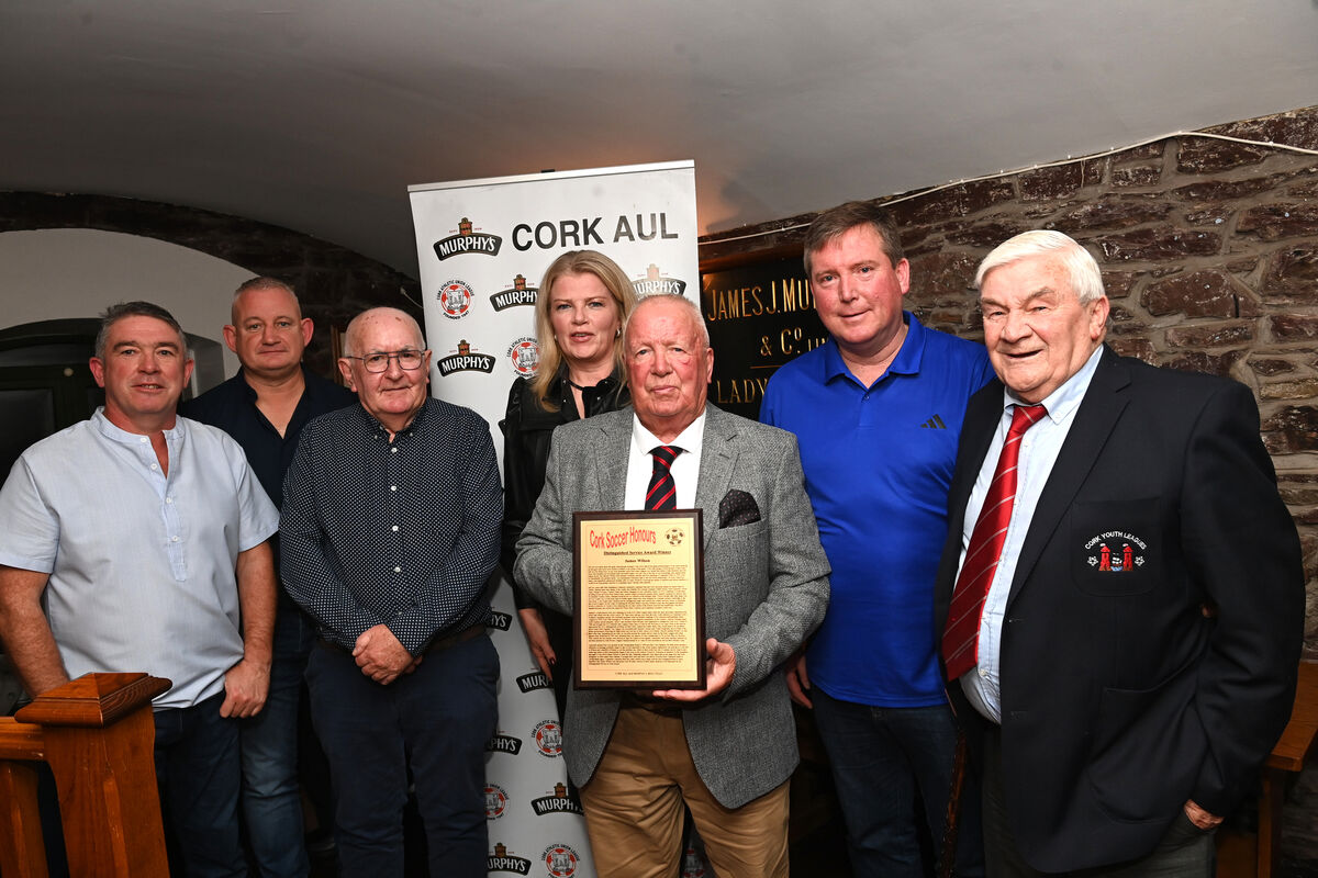  Distinguished Service Award winner James Wilson (middle) with Tim O'Keeffe, Philip Martin, Peadar O'Leary, Margeurite Wilson, Deccie Fagan and Christy Byrne t the Cork Athletic Union Football League Soccer Honours at The Kiln, Heineken Ireland. Pic: Larry Cummins