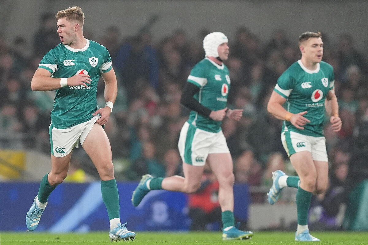 Ireland's Jack Crowley (left) celebrates scoring a penalty during the Autumn international match at Aviva Stadium, Dublin.