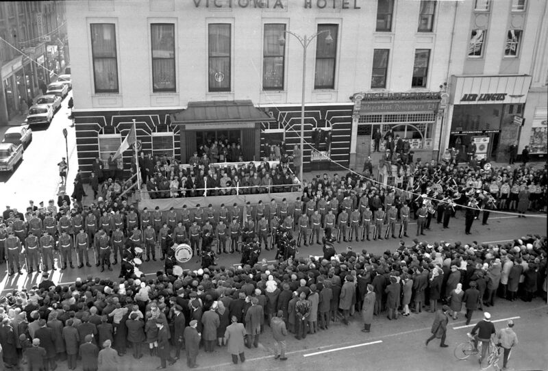 St Finbarr’s Pipe Band passes the reviewing stand at the St. Patrick’s Day parade in Patrick Street, Cork, in 1968. Eileen has fond memories of watching the parade from their home.