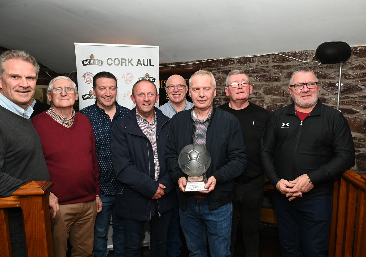 Patsy Freyne with friends Declan Daly, Pat Cummins, Bob O'Donovan and Mick O'Keeffe at the Cork Athletic Union Football League Soccer Honours at The Kiln, Heineken Ireland. Pic: Larry Cummins
