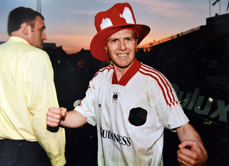 City's Patsy Freyne celebrates the FAI Cup replay win over Shelbourne at Dalymount Park in 1998. Picture: Eddie O'Hare