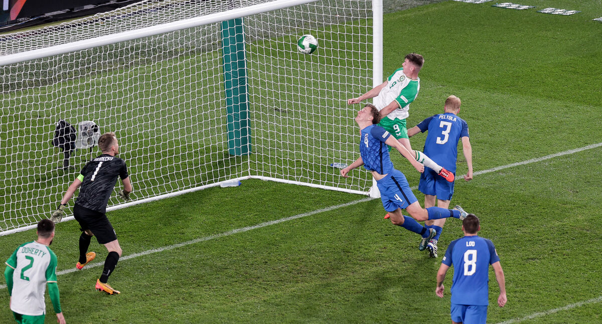 Evan Ferguson scores Ireland's goal against Finland. Picture: INPHO/Laszlo Geczo