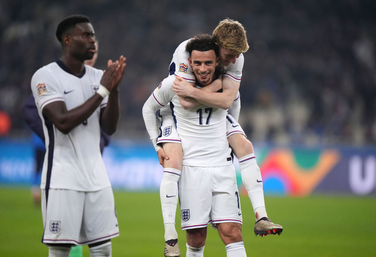 England's Curtis Jones (left) and Anthony Gordon celebrate the win after the UEFA Nations League Group B2 match at the Athens Olympic Stadium in Greece. Picture: Bradley Collyer/PA Wire.