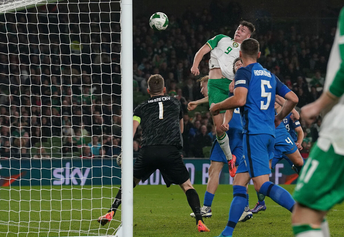 Republic of Ireland's Evan Ferguson (centre right) scores the opening goal of the game during the UEFA Nations League Group B2 match at the Aviva Stadium, Dublin against Finland.