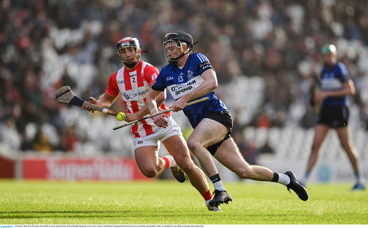 Jack O’Connor of Sarsfields takes on Timmy Wilk of Imokilly. Picture: Brendan Moran/Sportsfile Jack O’Connor of Sarsfields takes on Timmy Wilk of Imokilly. Picture: Brendan Moran/Sportsfile