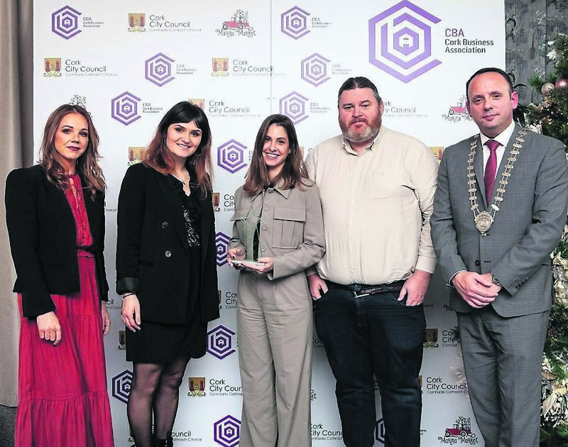 Criss Constantin and Andrea Moral of Mango and Ronan Downing of Clarendon, winners of the best retail award, for the redevelopment of Mango on Patrick St, are presented with a CBA Cork Better Building Award by Breda O’Connell of Opera Lane with CBA president Aaron Mansworth. Pic: Diane Cusack
                    