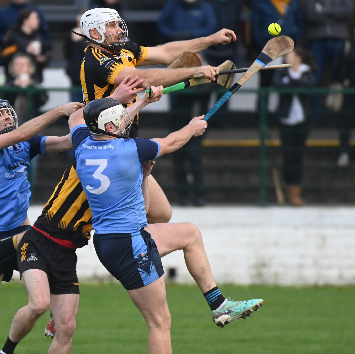 Russell Rovers' Ciarán Sheehan goes high with Moyle Rovers' Luke Boland. Picture: Eddie O'Hare Russell Rovers' Ciarán Sheehan goes high with Moyle Rovers' Luke Boland. Picture: Eddie O'Hare