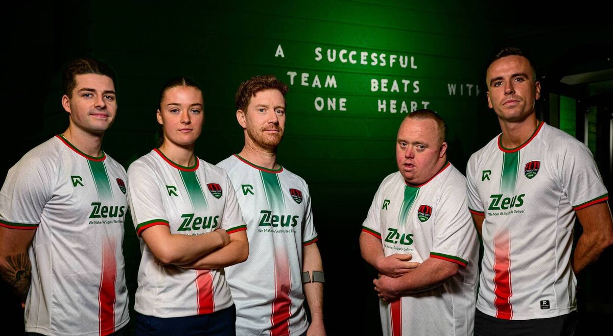 Wearing the Cork City FC 2025 Home Jersey (L-R) Ruairí Keating, Men’s First Team; Niamh Cotter, Women's First Team; Ruairí Murphy, Amputee Team; Stuart McCarthy, Down Syndrome Futsal Team; Charlie Lyons, Men’s First Team. Picture: Doug Minihane.