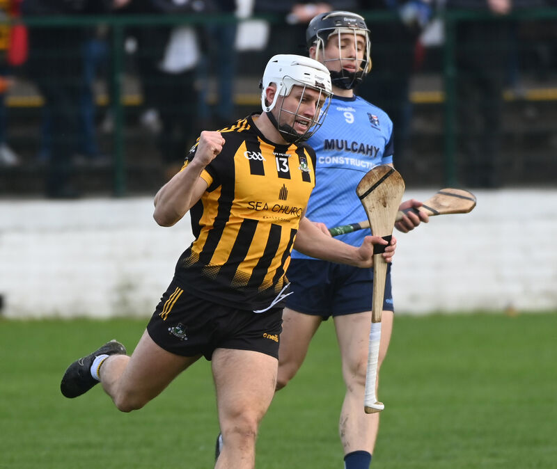 Russell Rovers' Josh Beausang celebrates his goal against Moyle Rovers during the AIB Munster Junior Club HC semi final at Midleton. Picture: Eddie O'Hare