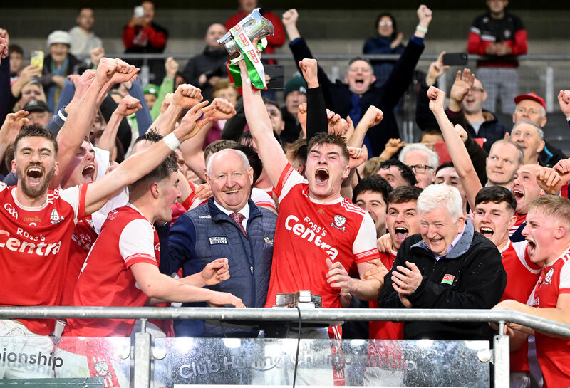 Watergrasshill captain Sean Desmond raises the Jim Long Cup after defeating Carrigaline in the Co-Op Superstores Cork Premier IHC final at SuperValu Páirc Uí Chaoimh. Picture: Eddie O'Hare