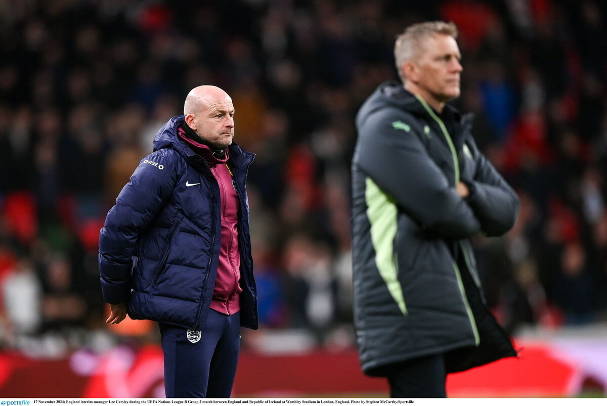 England interim manager Lee Carsley during the UEFA Nations League B Group 2 match between England and Republic of Ireland at Wembley Stadium in London, England. Photo by Stephen McCarthy/Sportsfile England interim manager Lee Carsley during the UEFA Nations League B Group 2 match between England and Republic of Ireland at Wembley Stadium in London, England. Photo by Stephen McCarthy/Sportsfile